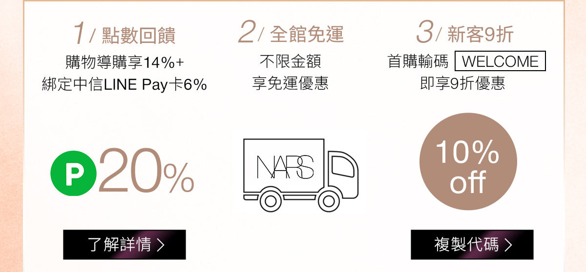 1/點數回饋 2/全館免運 3/新客9折