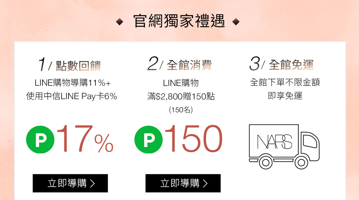 NARS 官網獨家禮遇 1/點數回饋 2/全館消費 3/全館免運