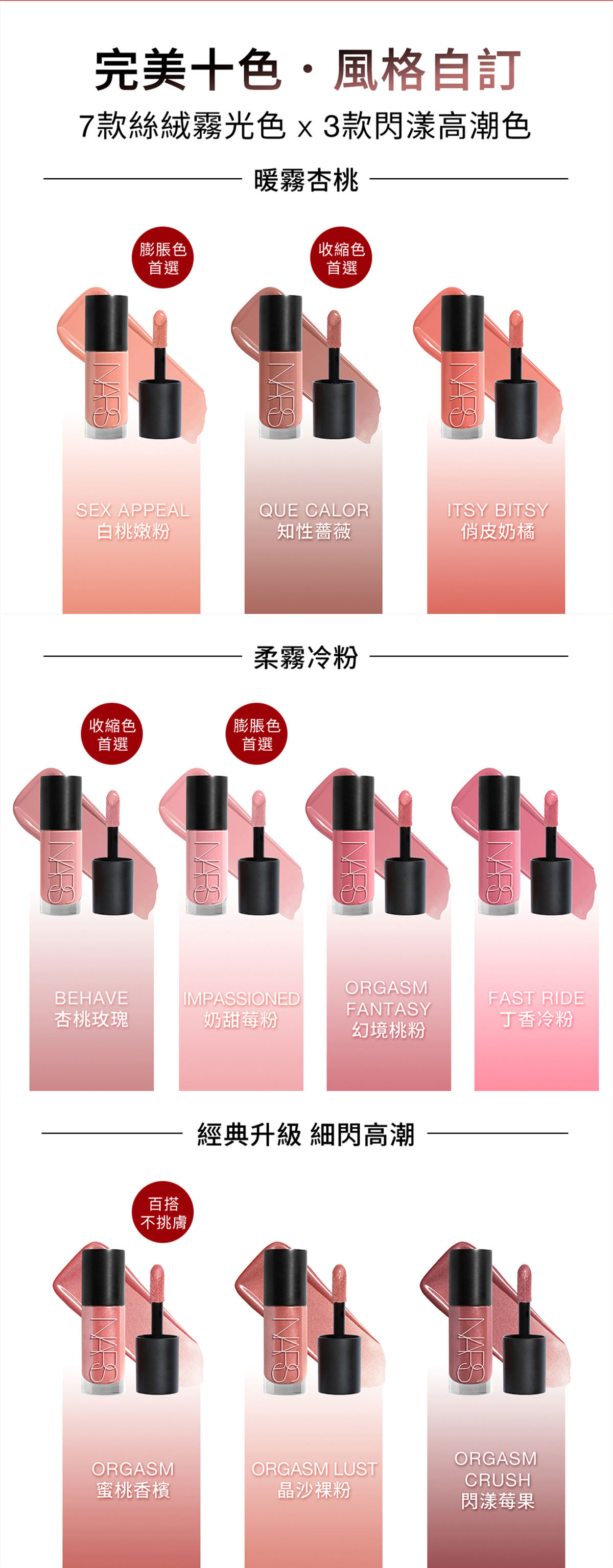 NARS 激情誘色腮紅露，完美十色・風格自訂，7款絲絨霧光色×3款閃漾高潮色