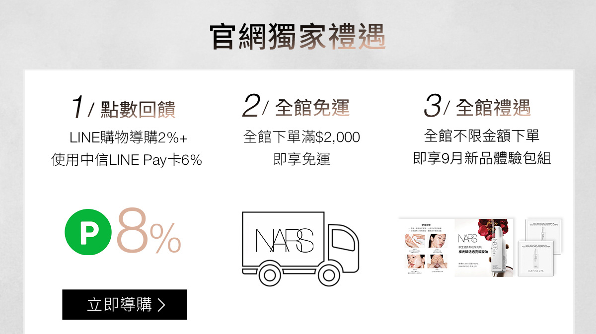 NARS 官網獨家禮遇 1/點數回饋 2/全館免運 3/全館禮遇