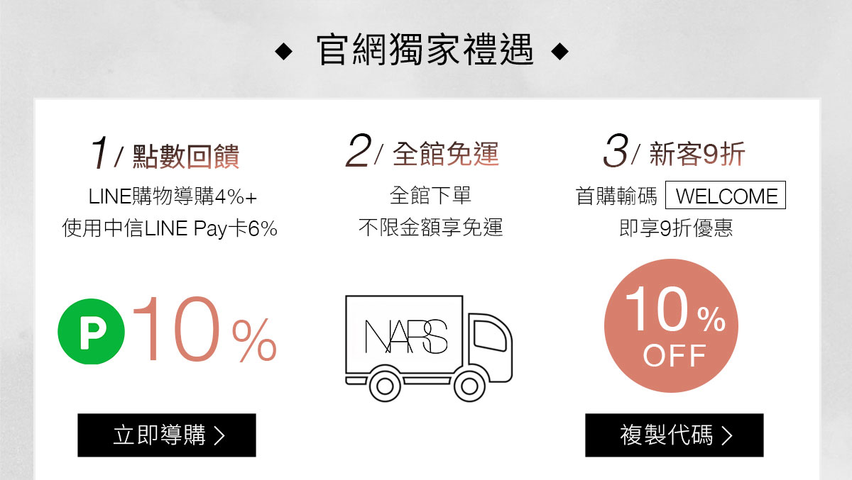 NARS 官網獨家禮遇 1/點數回饋 2/全館免運 3/新客9折