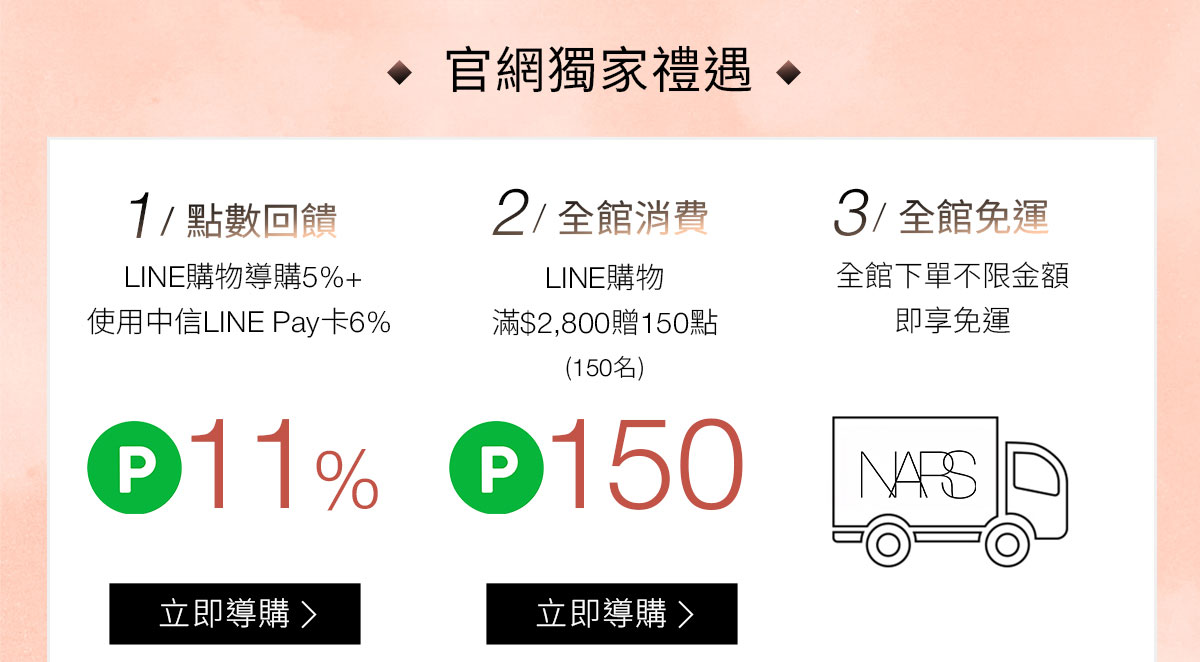 NARS 官網獨家禮遇 1/點數回饋 2/全館消費 3/全館免運