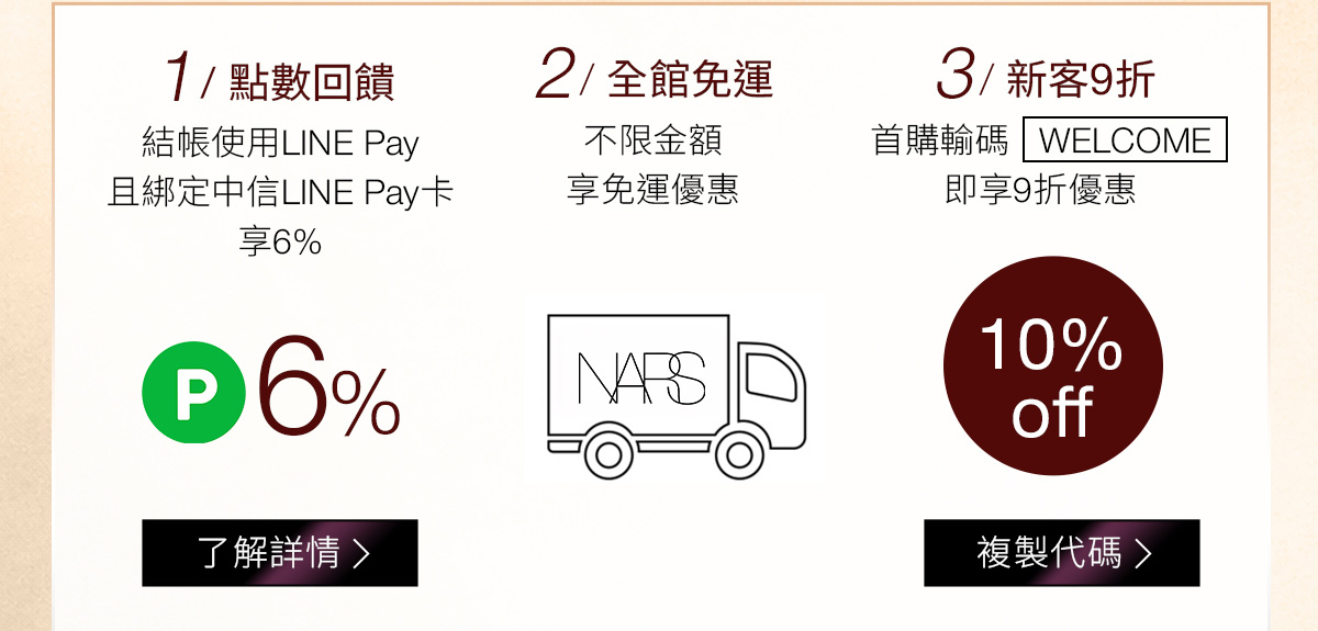 1/點數回饋 2/全館免運 3/新客9折
