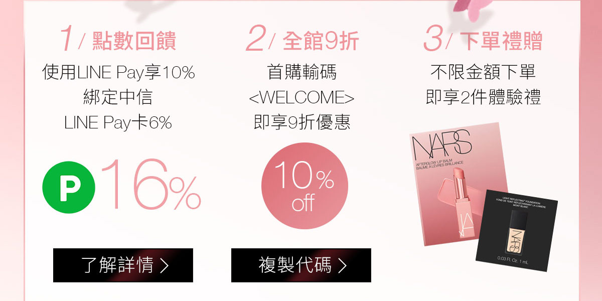 1/點數回饋 2/全館9折 3/下單禮贈