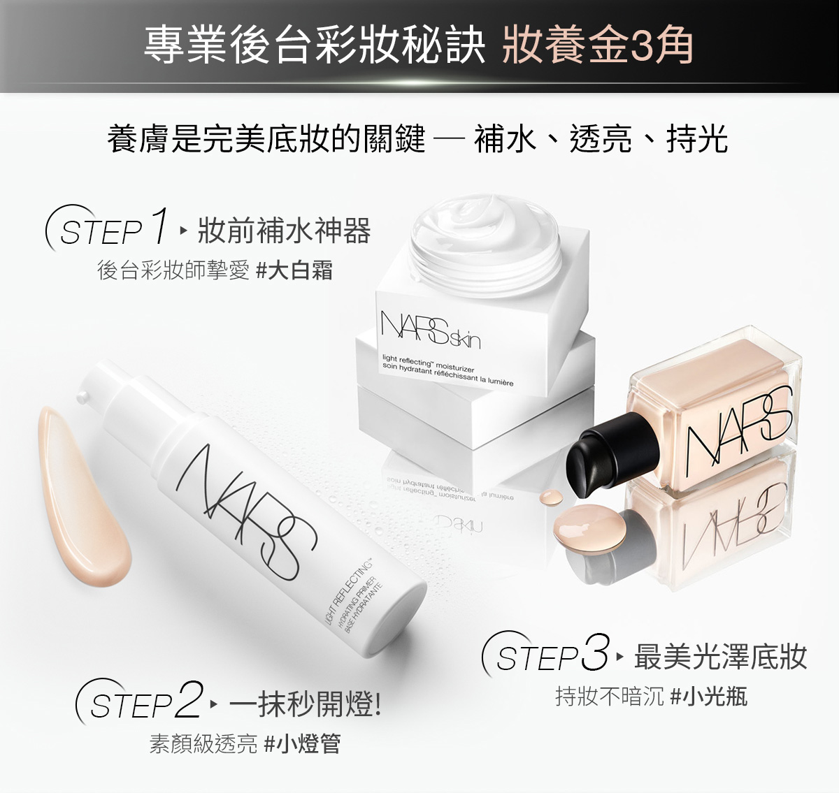 專業後台彩妝秘訣 妝養金3角：大白霜 小燈管 小光瓶