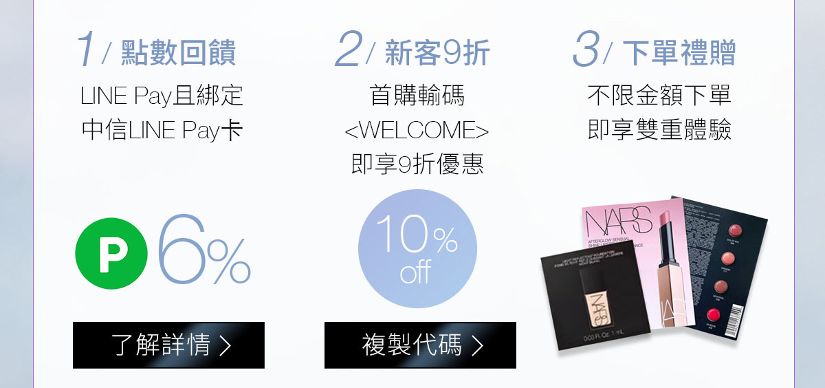 1/點數回饋 2/新客9折 3/下單禮贈