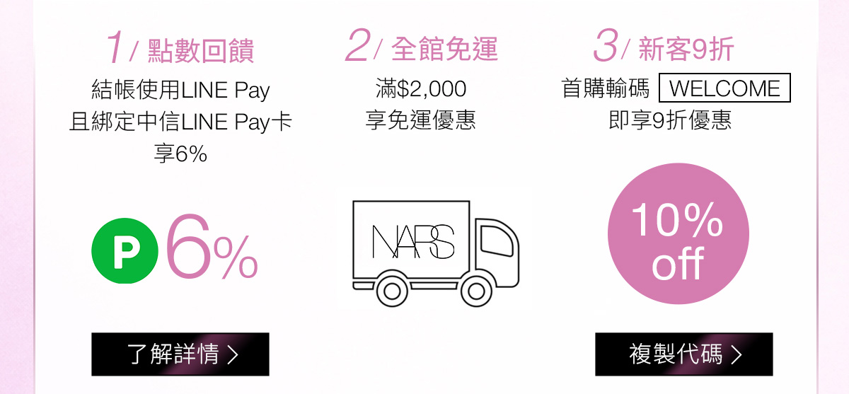 1/點數回饋 2/全館免運 3/新客9折