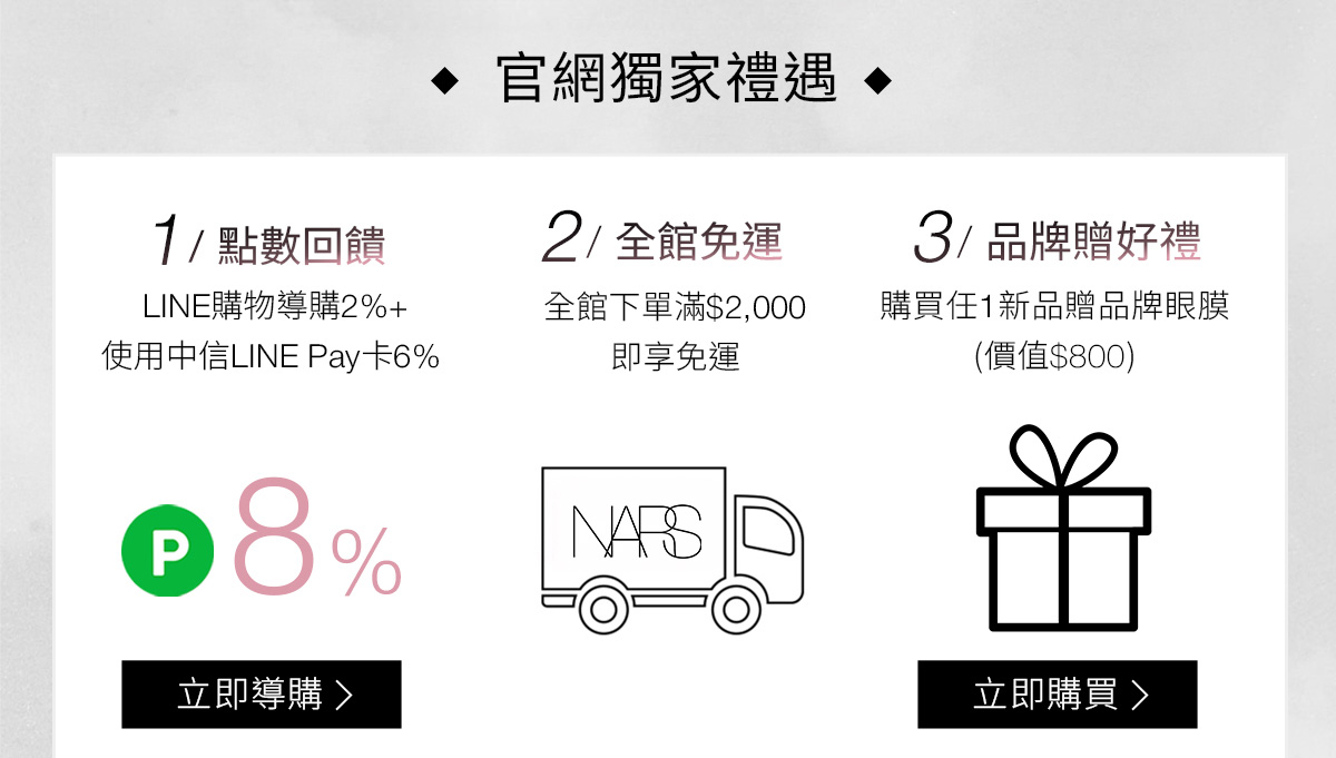 NARS 官網獨家禮遇 1/點數回饋 2/全館免運 3/品牌贈好禮