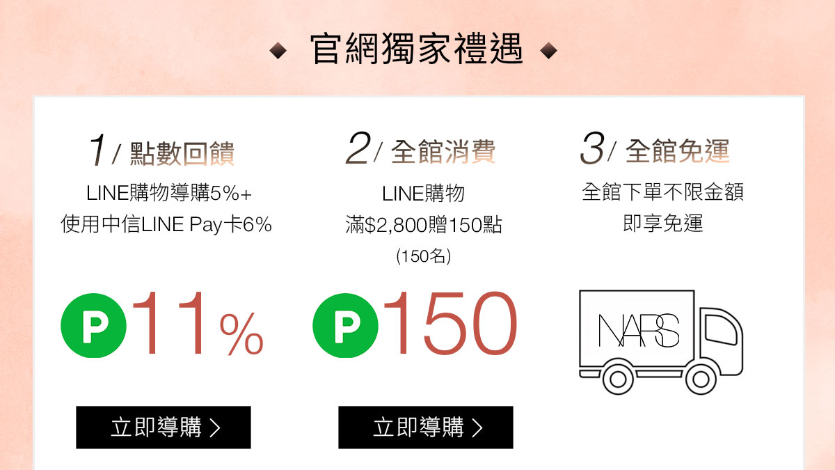 NARS 官網獨家禮遇 1/點數回饋 2/全館消費 3/全館免運