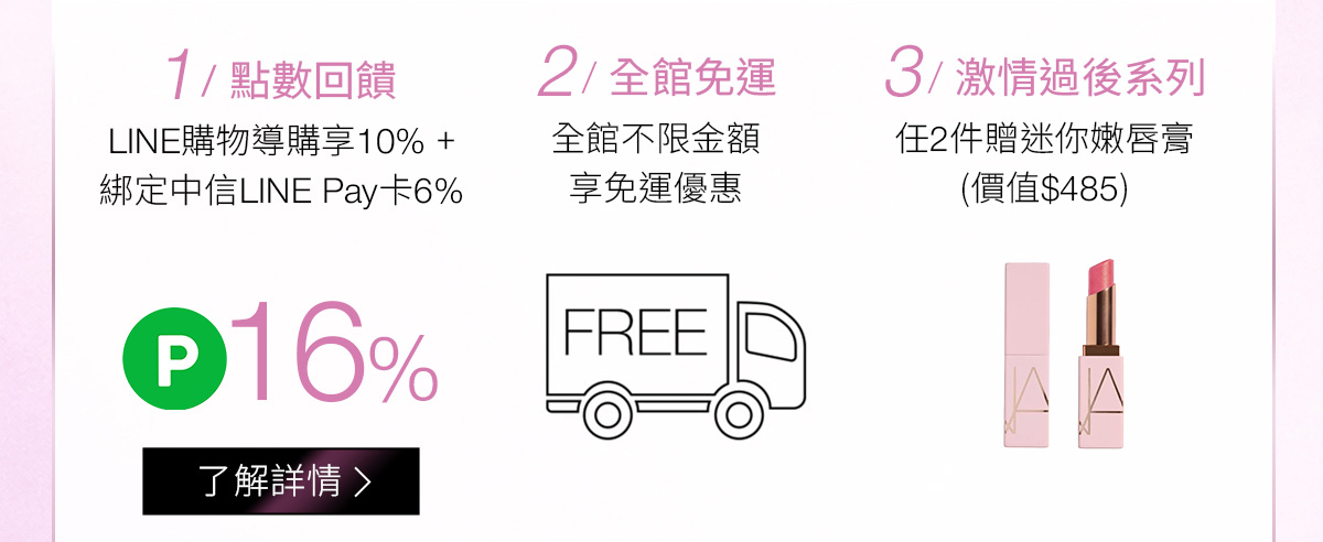 1/點數回饋 2/全館免運 3/激情過後系列