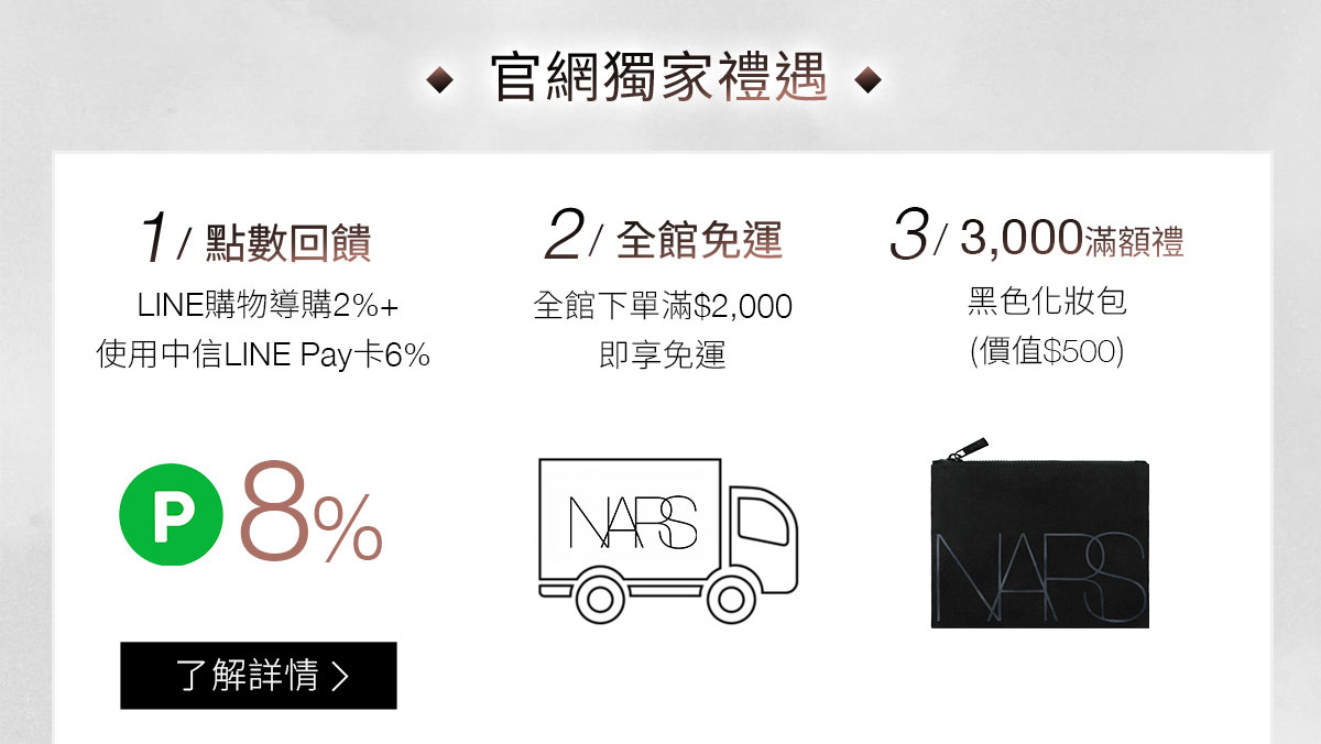 NARS 官網獨家禮遇 1/點數回饋 2/全館免運 3/3000滿額禮