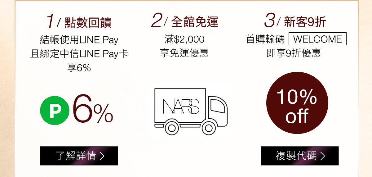 1/點數回饋 2/全館免運 3/新客9折