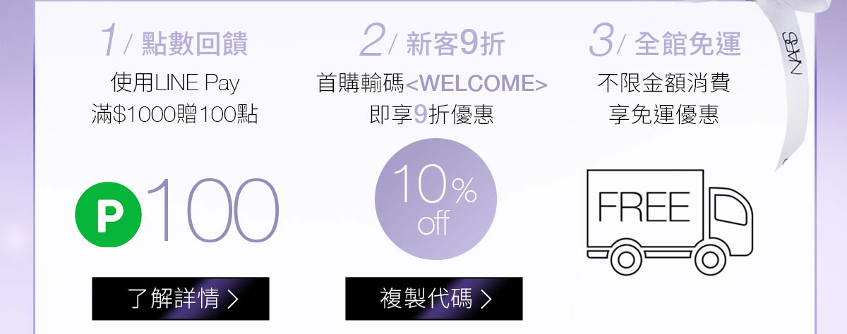 1/點數回饋 2/新客9折 3/全館免運