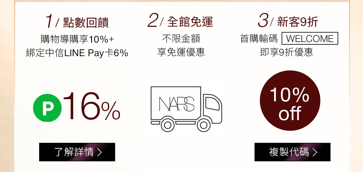 1/點數回饋 2/全館免運 3/新客9折