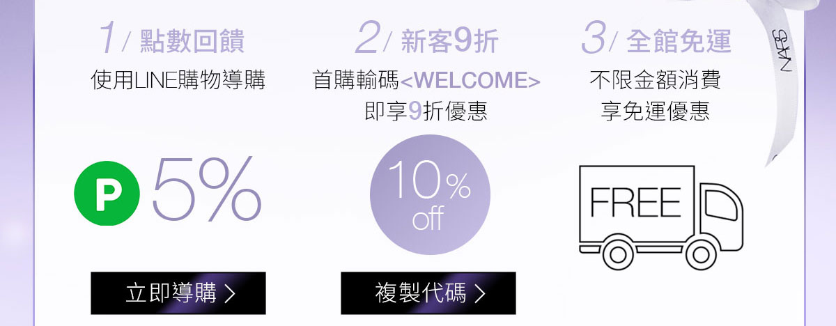 1/點數回饋 2/新客9折 3/全館免運