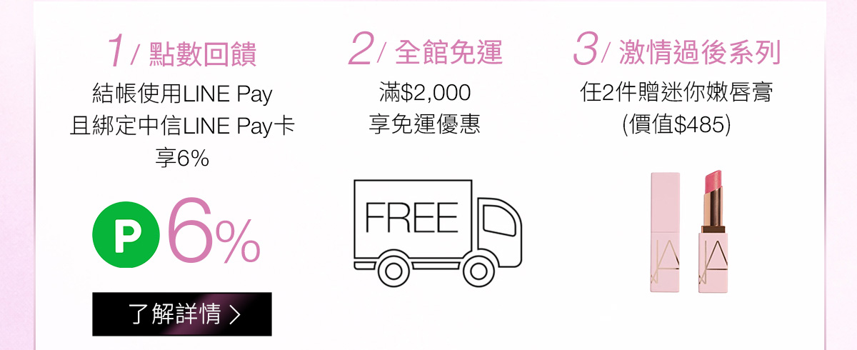 1/點數回饋 2/全館免運 3/激情過後系列